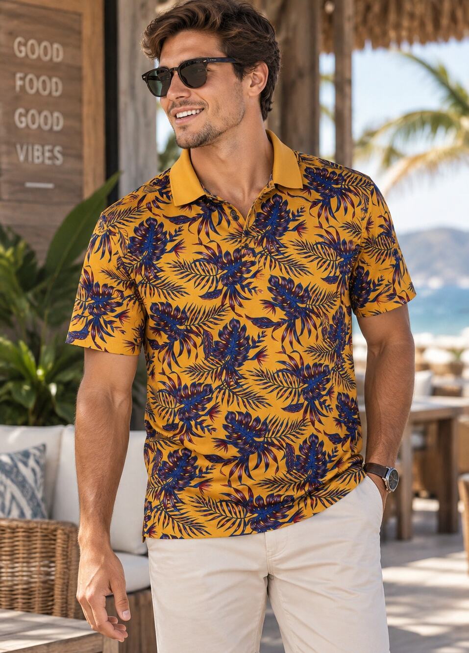Apt 9 Polo Shirt Men's L Golden Tropical Premier Flex Performance Hawaiian
